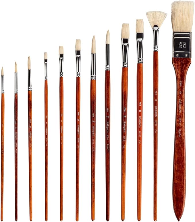 KINGART 12-Piece Long Handle White Hog Hair Artist Paint Brush Set, Perfect for Acrylic Oil Gouache Watercolor, Painting Brushes Kit for Canvas & Fabric with Storage Case