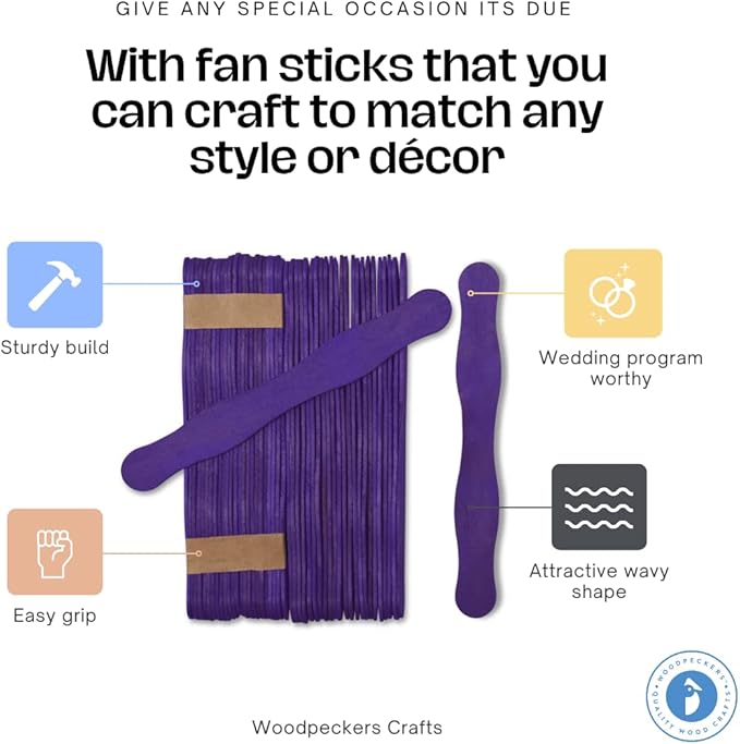 Wooden Purple 8" Fan Handles, Wedding Programs, Paint Mixing, Pack 50, Jumbo Craft Popsicle Sticks for Auction Bid Paddles, Wooden Wavy Flat Stems for Any DIY Crafting Supplies Kit, by Woodpeckers