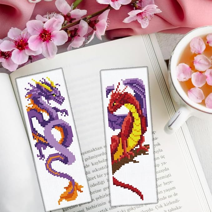 ORIGACH 6 Set Dragon and Loong Cross Stitch Bookmark Kit for Beginner with Backing Felt Floss Instructions DIY Stamped Embroidery Bookmark Kit for Adults, Book Lovers