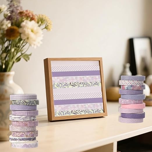 Washi Tape Set 20 Rolls Cute Vintage Washi Tape Decorative Tapes Adhesive Craft Washy Pattern Tapes for Scrapbooking Arts DIY Crafts Journal Planners Gift Wrapping Junk Journal Supplies, Purple