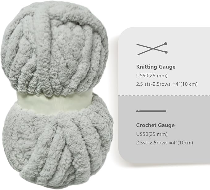 Light Gray Chunky Chenille Yarn for Crocheting Bulky Thick Fluffy Yarn for Knitting,Super Bulky Hand Blanket, Soft Plush Yarn Crochet Carpet/Scarf/Cushion/ 8 Jumbo Pack(63.76oz/197.68yd