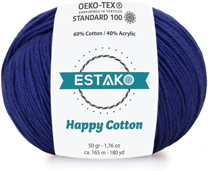 Estako Happy Cotton, 60% Cotton 40% Acrylic Yarn, Soft, Fine/Sport (2) for Crochet and Knitting 1.76 Oz (50g) / 180 Yrds (165m) (4210 - Navy Blue)