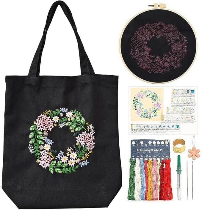 CREAWONDER Canvas Tote Bag Embroidery Kit with Pattern for Beginners, Arts and DIY Embroidery Crafts Kits for Adults, Include Instructions, Thimble, Embroidery Hoops, Color Threads and Tool