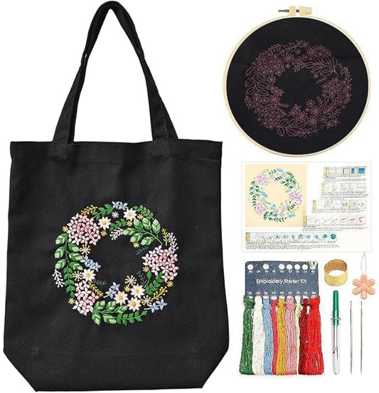 CREAWONDER Canvas Tote Bag Embroidery Kit with Pattern for Beginners, Arts and DIY Embroidery Crafts Kits for Adults, Include Instructions, Thimble, Embroidery Hoops, Color Threads and Tool