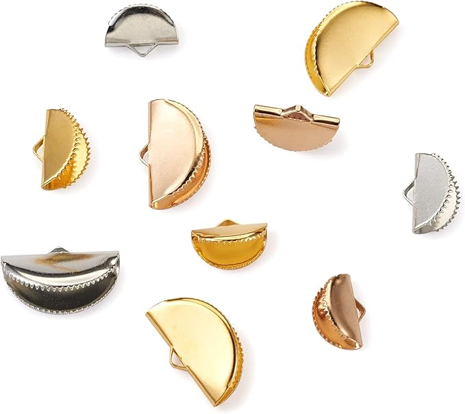 Pandahall 180Pcs Ribbon Crimp Ends 3 Sizes Half Round Bookmark Pinch Crimp Clamp End Findings Cord for Jewelry Making