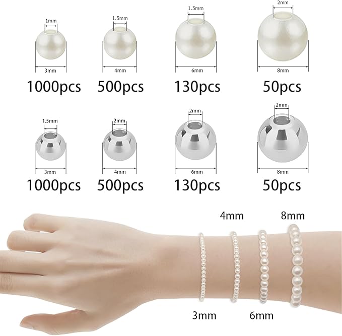 3360pcs Silver Round Beads & Pearl Beads 3/4/6/8mm 4 Size Smooth Ball Bead for Jewelry Making Metal Circle Bead for Bracelet Necklace Earring Making Supply