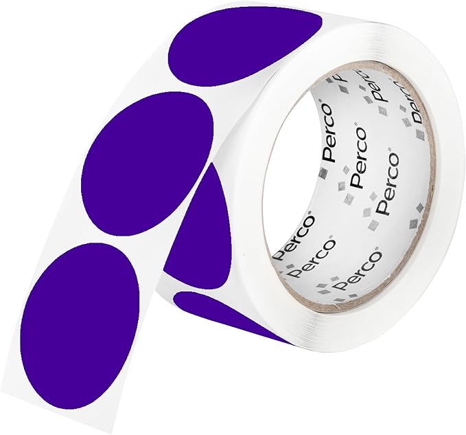 perco purple 2-inch perforated circle dot sticker labels — 250 round stickers per roll — with permanent adhesive for organizing, color coding, bin labeling, packaging alerts — made in usa