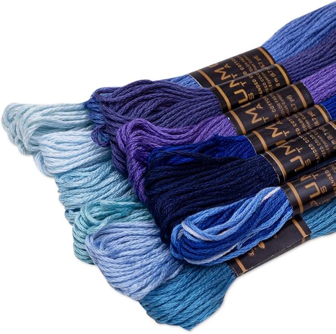 12 Pieces | Premium Embroidery Thread | 100% Egyptian Cotton Premium Skeins | Cross Stitch Embroidery Floss | Oeko TEX Certified Stranded Cotton (Blue Tones)