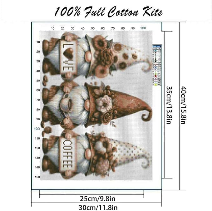stamping cross stitch kit gnome and flowers, counting cross stitch kit for adult beginners coffee, full line diy cross stitch stitching kit for home decor cross stitch patterns 15.7x11.8inches