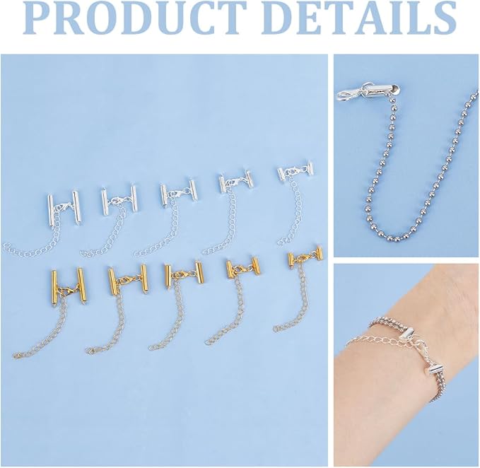 PH PandaHall Gold Silver Tube Slider End Caps 40pcs Multylayers Connector Clasp 10 Size Beading Slide Tube Cord Ends with Lobster Claw Clasps Kit for DIY Multi-Strand Necklace Earring Jewelry Making
