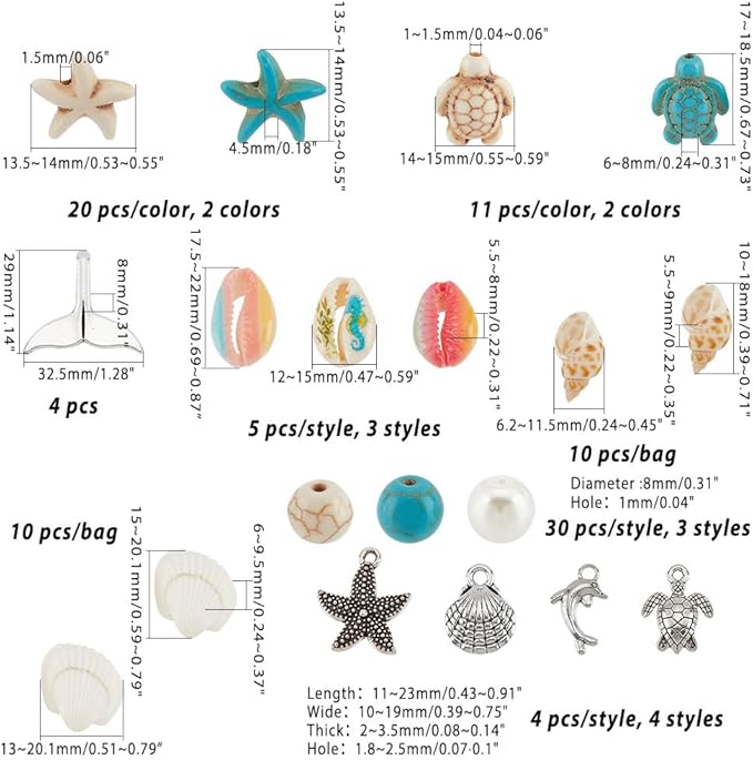 PH PandaHall 208pcs 15 Styles Summer Beach Beads Sea Shell Beads Sea Star Pendants Tortoise Charms Ocean Animal Spacer Beads for Bracelets Earrings DIY Jewelry Making Home Decor Macrame