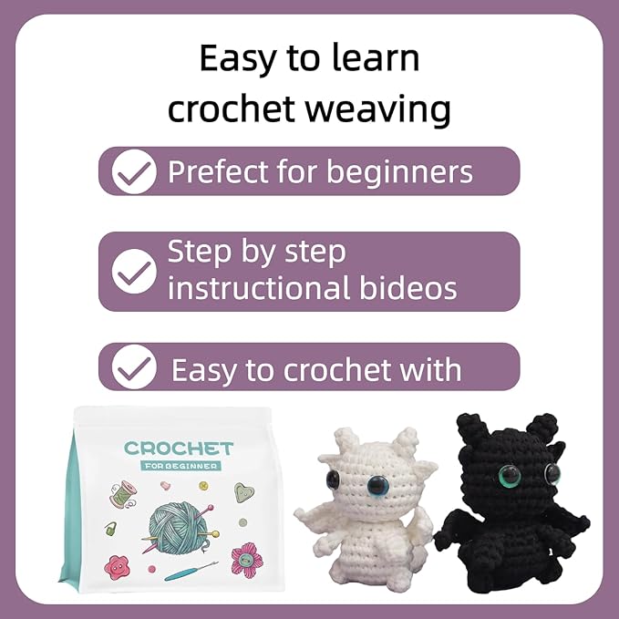 Crochet kit for Beginners, White and Black Toothless Crochet Animals kit, Learn to Crochet Knitting kit, with Step by Step Guide Video, Prefect for Gifts, with tutorials Yarns Hook