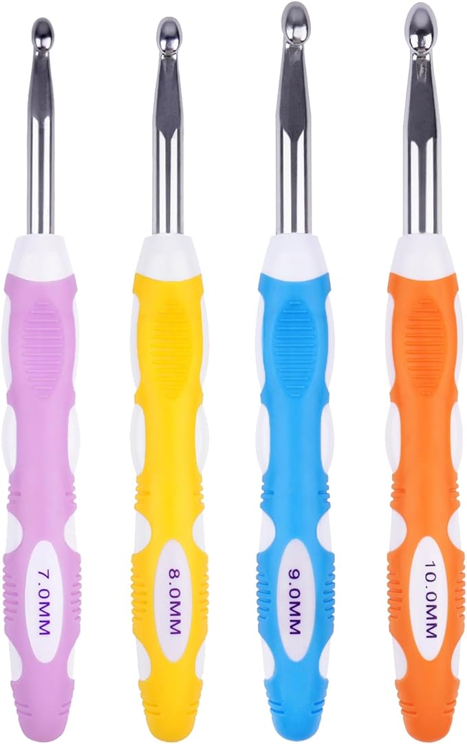 Large Crochet Hooks 4 pcs Ergonomic Non-Slip Rubber Handle Crochet for Arthritic Hands,7mm 8mm 9mm 10mm Extra Long Crochet Hooks Needles DIY Yarn Crocheting Tools