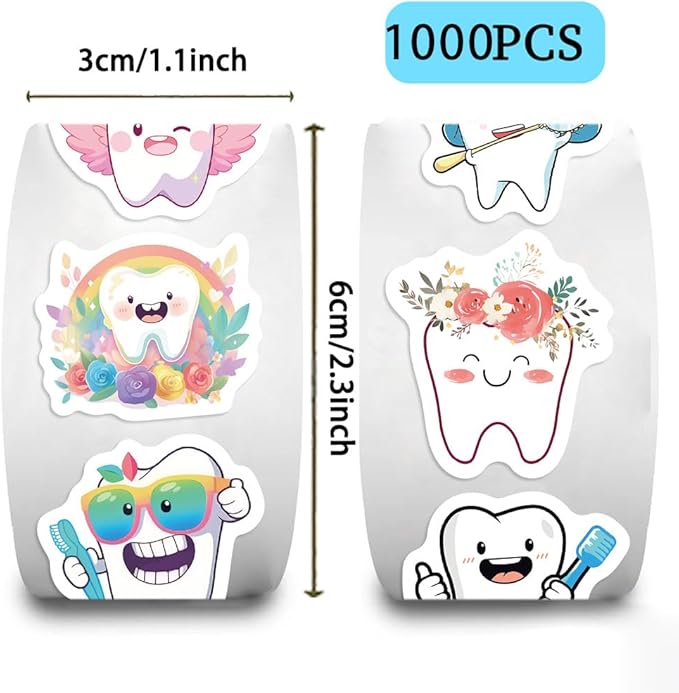 1000pcs tooth stickers roll, 2 rolls 10 styles cartoon teeth fairy sticker, dental reward stickers for dentist, classroom, scrapbooking, party favors, diy crafts