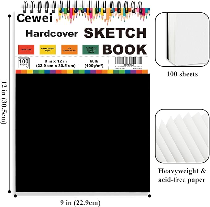 9" x 12" sketch book, top spiral sketchbook, 100 sheets sketch pad, (68 lb/100 gsm) drawing paper pad, drawing pad for kids, artist sketchbook for drawing, illustration & art supplies.