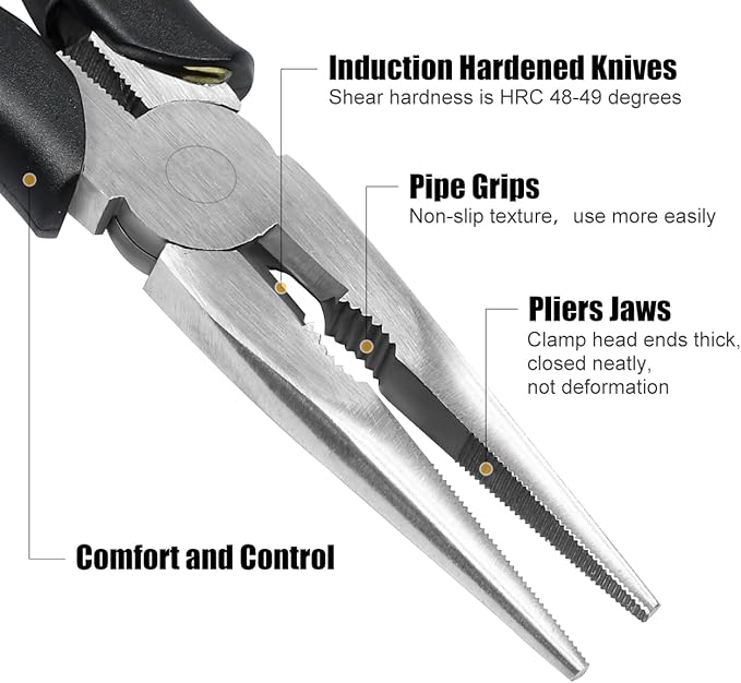 zuzuan premium long needle nose pliers-6''&8'', paper clamp precision, high carbon steel, soft grip with wire cutter, long nose cutting pliers for home, fishing, jewelry, crafts,2pcs