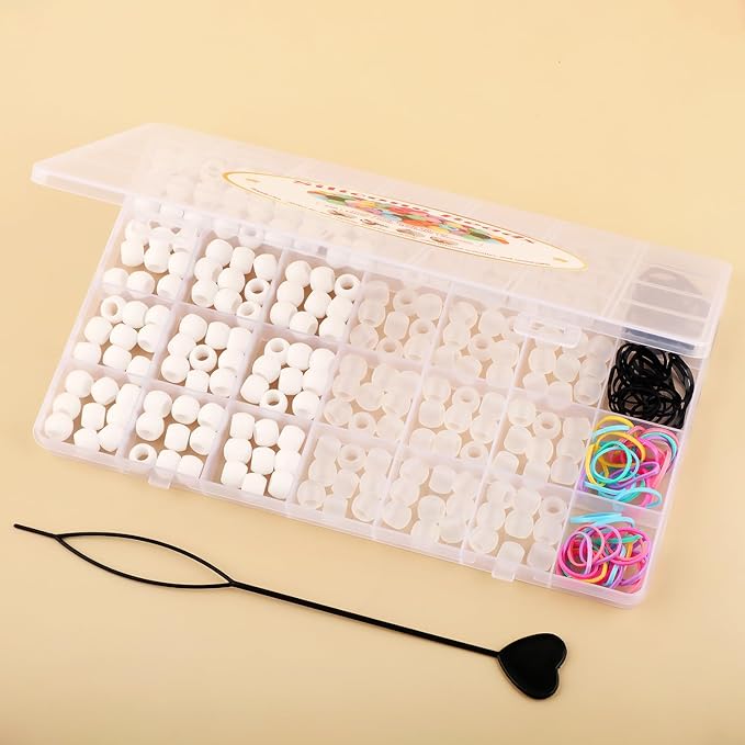 AD Beads 216PCS 6x9mm DIY Soft Pony Silicone Beads for Hair, White +Transparent Series with 80 Elastic Bands, Tool and Storage Box Kit for Braids, Bracelet, Crafts.