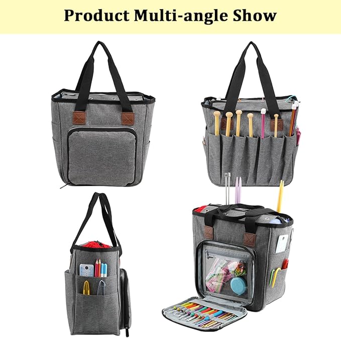 ZBEZBE Knitting & Crochet Tote Bag, Multi-Pocket Yarn Storage Organizer, Portable Yarn Holder for Knitting Needles, Crochet Hooks, Yarn Skeins & Craft Supplies