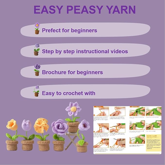 Crochet Set - Beginner Friendly Crochet Set with Step-by-Step Teaching Videos and Crochet Pattern Manuals (Purple Small Potted Plant)