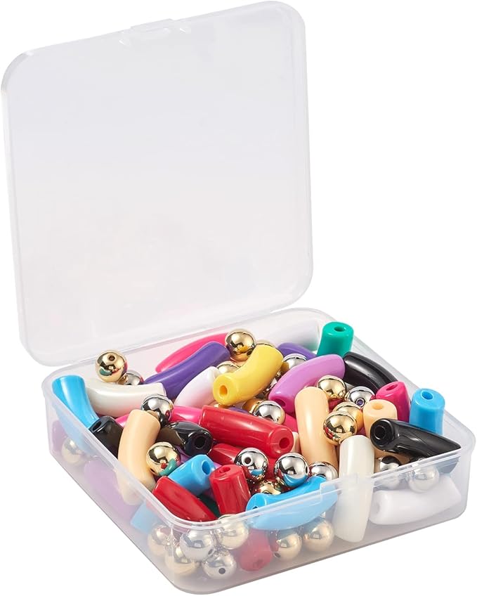 Crafans 48Pcs Acrylic Chunky Tube Beads with Round Plastic Spacer Beads, 12 Colors Opaque Curved Tube Beads for Bamboo Bangles Bracelet Jewelry Making