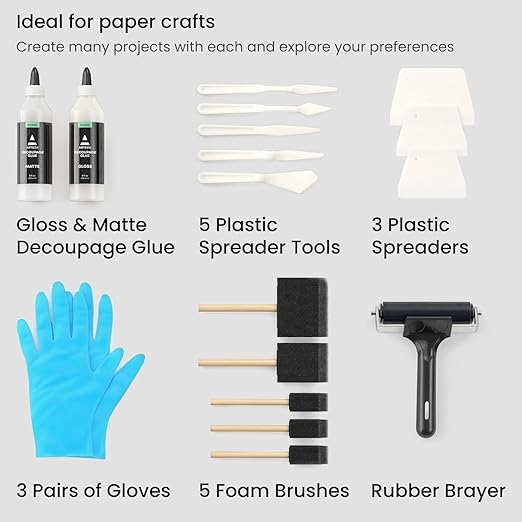 Arteza Decoupage Glue Craft Kit, 2 Glue Finishes (Gloss & Matte), 8-oz Bottles, Foam Brushes, Plastic Spreader Tools, Gloves, Art Supplies for Paper Crafting, Scrapbooking & Decorating