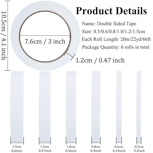 Double Sided Tape for Crafts, 6 Rolls Multi-Size Double-Sided Adhesive Tape for Arts, Photography, Gift Box, Scrapbooking, Card Making, Paper Backing