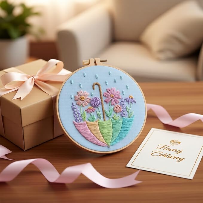 JJFox Embroidery Kit for Beginners and Adults, DIY Hand Embroidery Starter Kit with Cute Pattern, Cross Stitch Needlepoint Set with Hoop, Threads and Instructions (Flower-3)