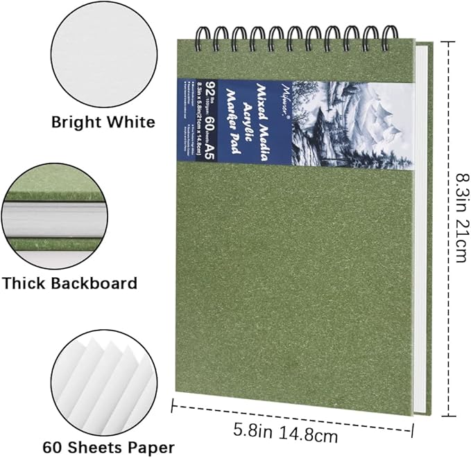 8.3" x 5.8" Hardcover Sketchbook, Top Spiral Bound Art Journal Sketchbook, 60 Sheets 92LB/150 GSM Acid-Free Drawing Bright White Mixed Media Paper for Adults Beginners Artists.Grass Green