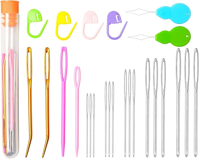 Hekisn 25Pcs Large Eye Blunt Yarn Needles kit, Assorted Sizes Bent Tapestry Darning Needle, Sewing Needles with Needle Threaders & Stitch Markers for Knitting Crochet (Orange)