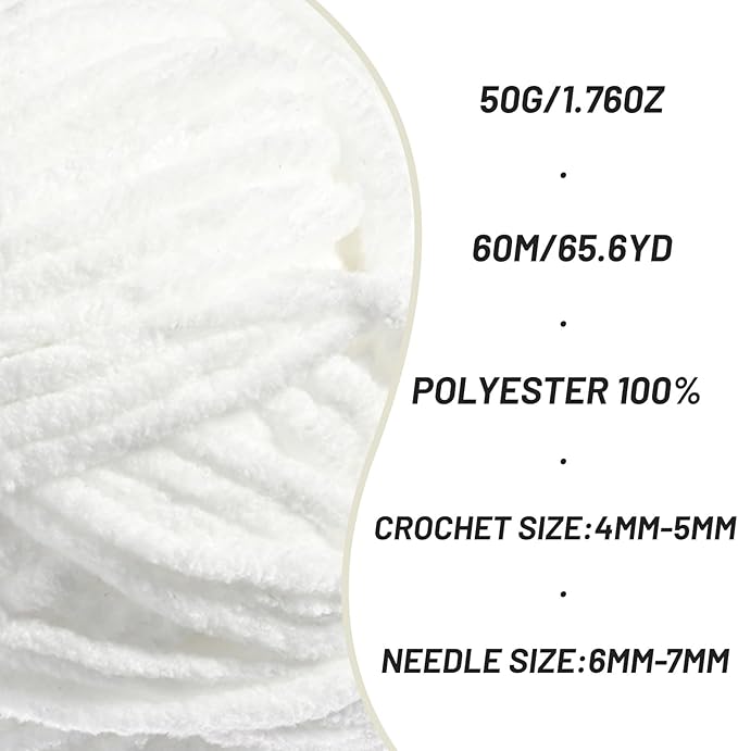 2 Pack Fluffy Velvet Yarn for Crocheting，Baby Blanket Yarn for Crocheting Soft，100g(131yds) Amigurumi Yarns，Plush Chenille Crochet Yarns，Puzzle Yarn for Crochet Weaving Craft(2 Snow White)