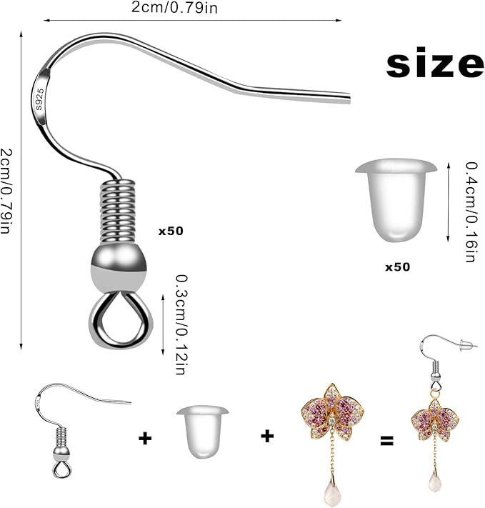 50 pcs/25 pairs 925 sterling silver earring hooks fish hook ear wires french wire hooks hypo-allergenic jewelry findings earring parts diy making with 50 pcs clear rubber earring safety backs