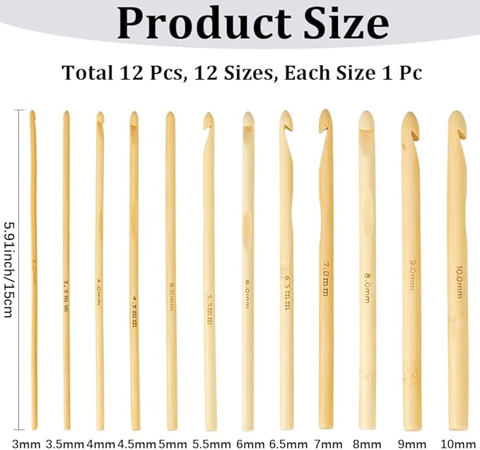 CALFOVERA 12PCS 5.9 Inch Single Point Bamboo Crochet Hooks Kit 12 Size Wooden Knitting Needles Bamboo Knitting Needles Set for Handmade DIY Making Sweater Yarn Projects(3 to 10mm)