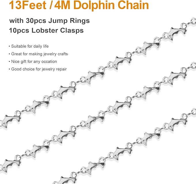 Kyutong 13 Feet Stainless Steel Chains for Jewelry Making Lovely Dolphins Link Chain Roll with Lobster Clasps and Jump Rings for Jewelry Crafts DIY