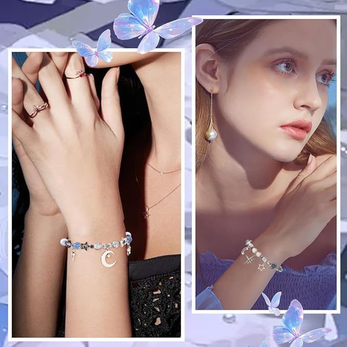 SUNNYCLUE 1 Box 314Pcs DIY 6 Sets Bracelets Making Kit Moon and Star Charms Crescent Stars Bead Blue Faceted Glass Imitation Pearl Loose Spacer Beads for Jewelry Making Kits Adult Women Gifts