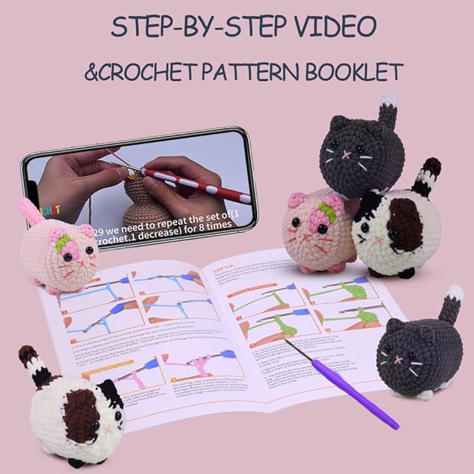Crochet Kit for Beginners,Crochet Starter Kit with Step-by-Step Video Tutorials,DIY Crochet Animal Kits for Adults Kids,Complete Kit Included (Grey Cat)