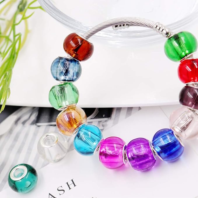 AIPRIDY 100Pcs 15x11mm Painting Murano Large Hole Glass Beads Mix Color with Silver Brass Cores European Charm fit Bracelet Necklace (10 Color Lampwork Beads)