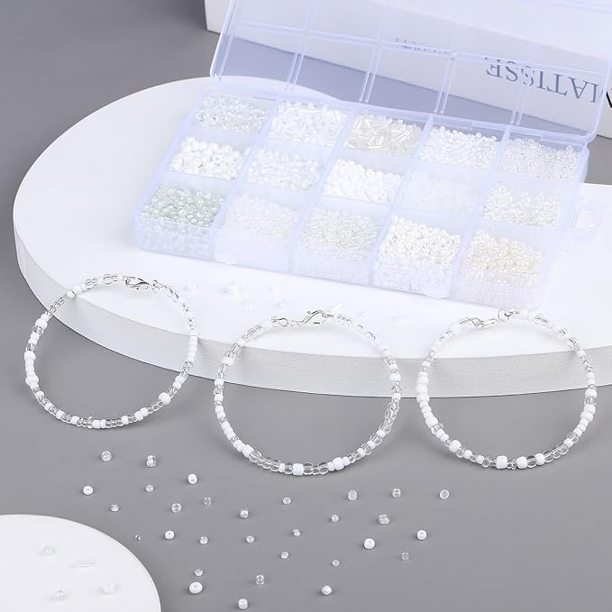 DUQGUHO White Beads for Jewelry Making 4mm White Glass Seed Beads Kit 15 Color 3mm 2mm Small Plastic Tube Bead for Bracelets Craft DIY
