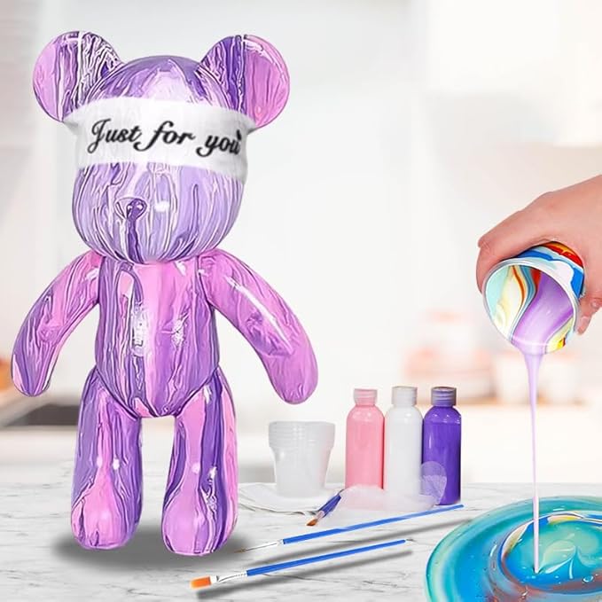 HANDA DIY Painting Kit - Teddy Bear & Gloomy Bear Figures, Creative Home Decorations, Handmade Dolls, Gift for Birthday & Valentines (9.05 inch, Purple+White+Pink)