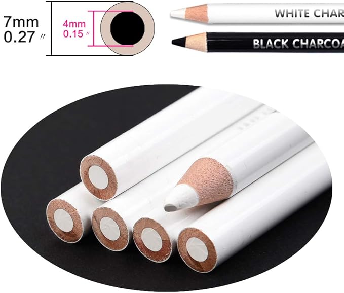 qianshan 2 Pcs Black White Color Charcoal Pencils, Professional Hight Quality Sketch Highlight Charcoal Wooden Pencils for Artist Drawing, Sketching, Blending, 2 Colors of 1 Black, 1White