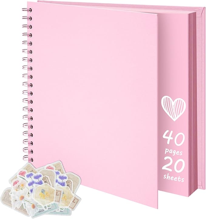 10X10 Inch DIY Scrapbook Photo Album, Kraft Blank Paper Scrap Book 40 Pages Memory Book for Wedding Family, Pink