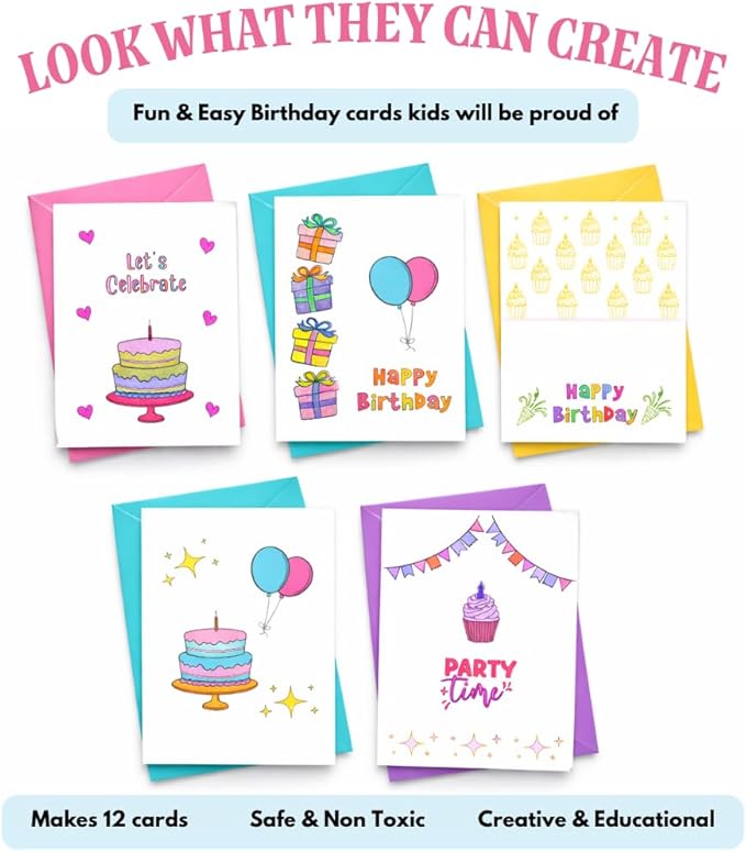 Birthday Card Making Kit for Kids – DIY Craft Kit with Wooden Stamps, Cards, Stickers & Ink Pad – Makes 12 Cards – Party Activity & Gift for Ages 4+