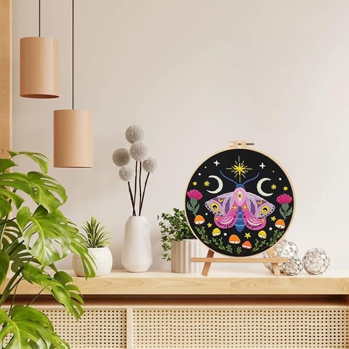 Nuberlic Moth Embroidery Kit for Beginners -Easy Cross Stitch Kits- Complete Embroidery Starter Set with Hoop, Pre-Printed Fabric, Threads & Needles