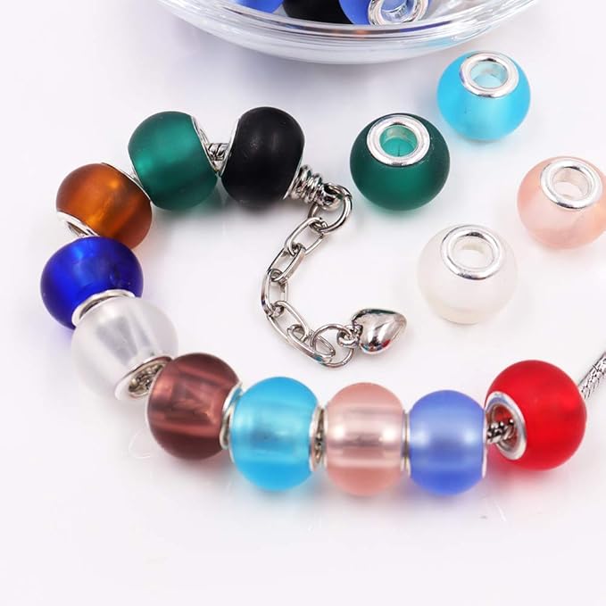 AIPRIDY 100Pcs 15x11mm Painting Murano Large Hole Glass Beads Mix Color with Silver Brass Cores European Charm fit Bracelet Necklace (Dull Polish Effect)