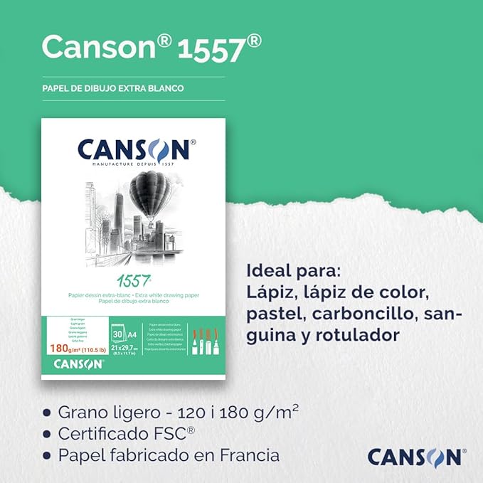 CANSON 1557 120gsm A4 White Sketch Paper Pad, Light Grain, Glued Short Side, 50 Extra White Sheets, Ideal for Professional Artists & Students
