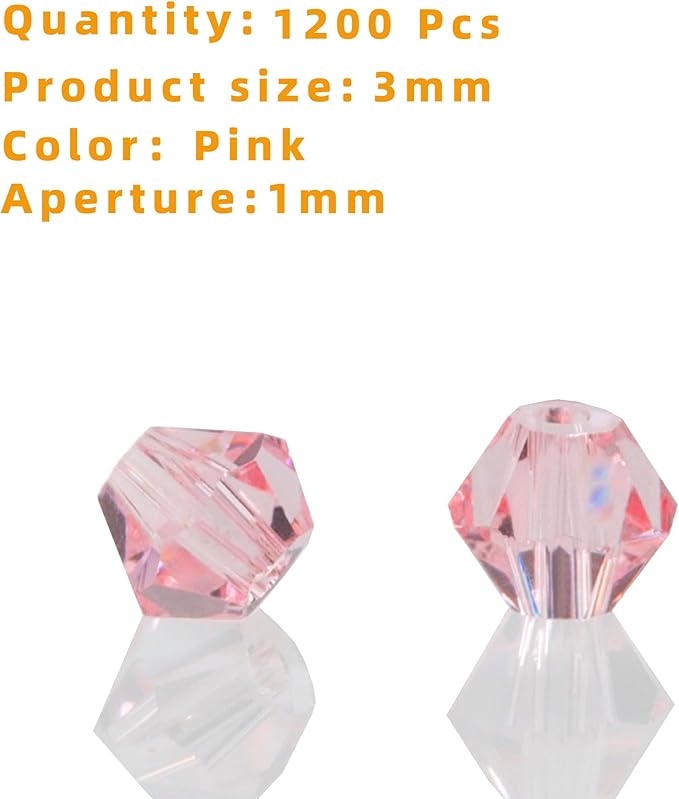 laopottbeads 1200pcs 3mm bicone crystal glass beads for jewelry making, sparkling mini beads for suncatchers, diy bracelets & craft projects (pink)