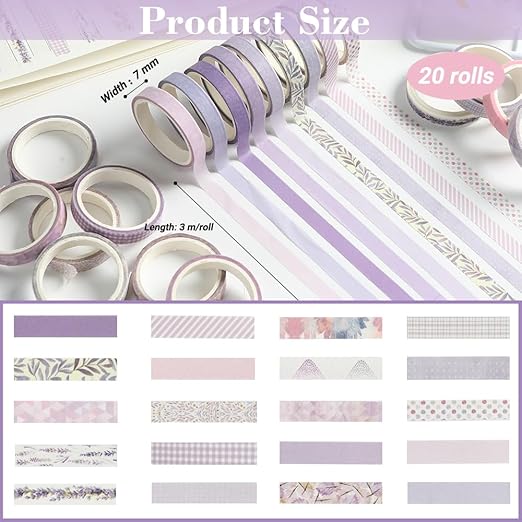 Washi Tape Set 20 Rolls Cute Vintage Washi Tape Decorative Tapes Adhesive Craft Washy Pattern Tapes for Scrapbooking Arts DIY Crafts Journal Planners Gift Wrapping Junk Journal Supplies, Purple