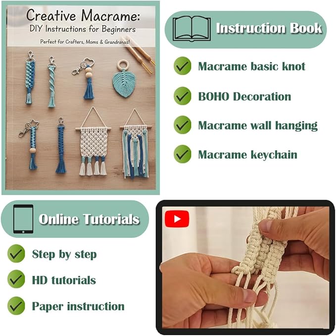 Ewparts Art Craft Macrame Kits for Adult Beginner with Instruction Book, Online Tutorials,Macrame Cord 3mm,Wood Ring/Beads,Wooden Dowel,Key Rings,Key Chain to Make Wall Hanging,Keycgain,Boho Dector