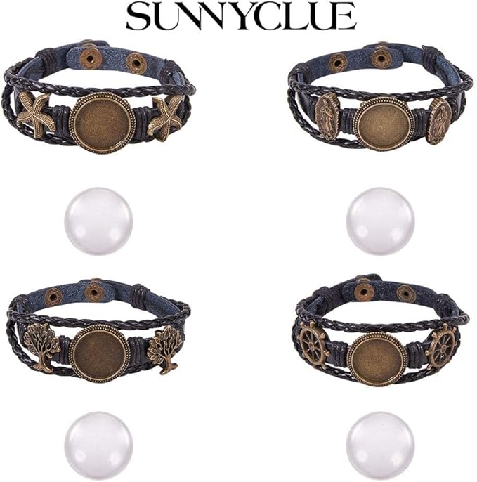 SUNNYCLUE DIY 4 Sets Braided Leather Bracelet Making Kit Multilayer Rope Bangle Cuff Wristband with Blank Alloy Cabochon Bezel Tray, Clear Glass Cabochon 18mm, Button Adjust, Mixed Shapes