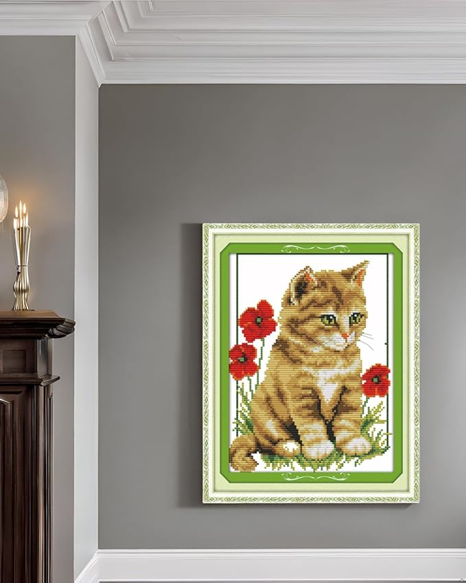 CaptainCrafts Cross Stitch Kits for Adults Stamped Cross Stitch Printed 14CT Fabric Cross Stitching DIY Art DMC Needlecrafts Embroidery Kit for Adults (Stamped 14CT, Cat and Poppy)
