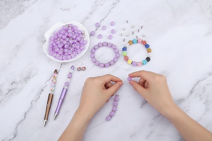 LAIDANLA 250pcs 12mm Purple Rhinestone Beads and 8mm Rondelle Spacer Beads for Beaded Pens, Sparkly Shamballa Disco Ball Bead for Bracelets Necklaces Earring DIY Craft